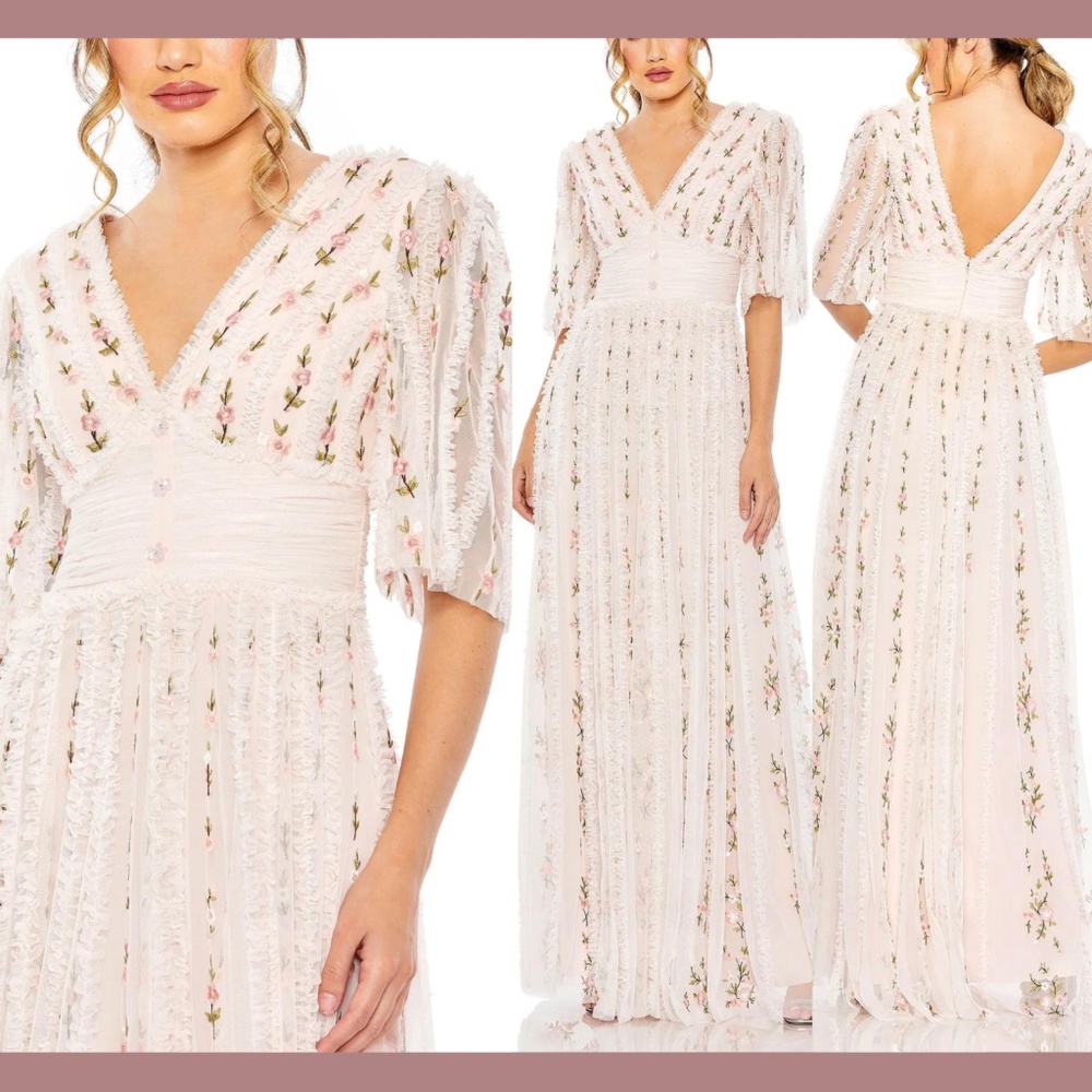 NWT $798 Mac Duggal [ 14 ] Floral V Neck Ruffle Empire Waist Gown‎ Blush Pink